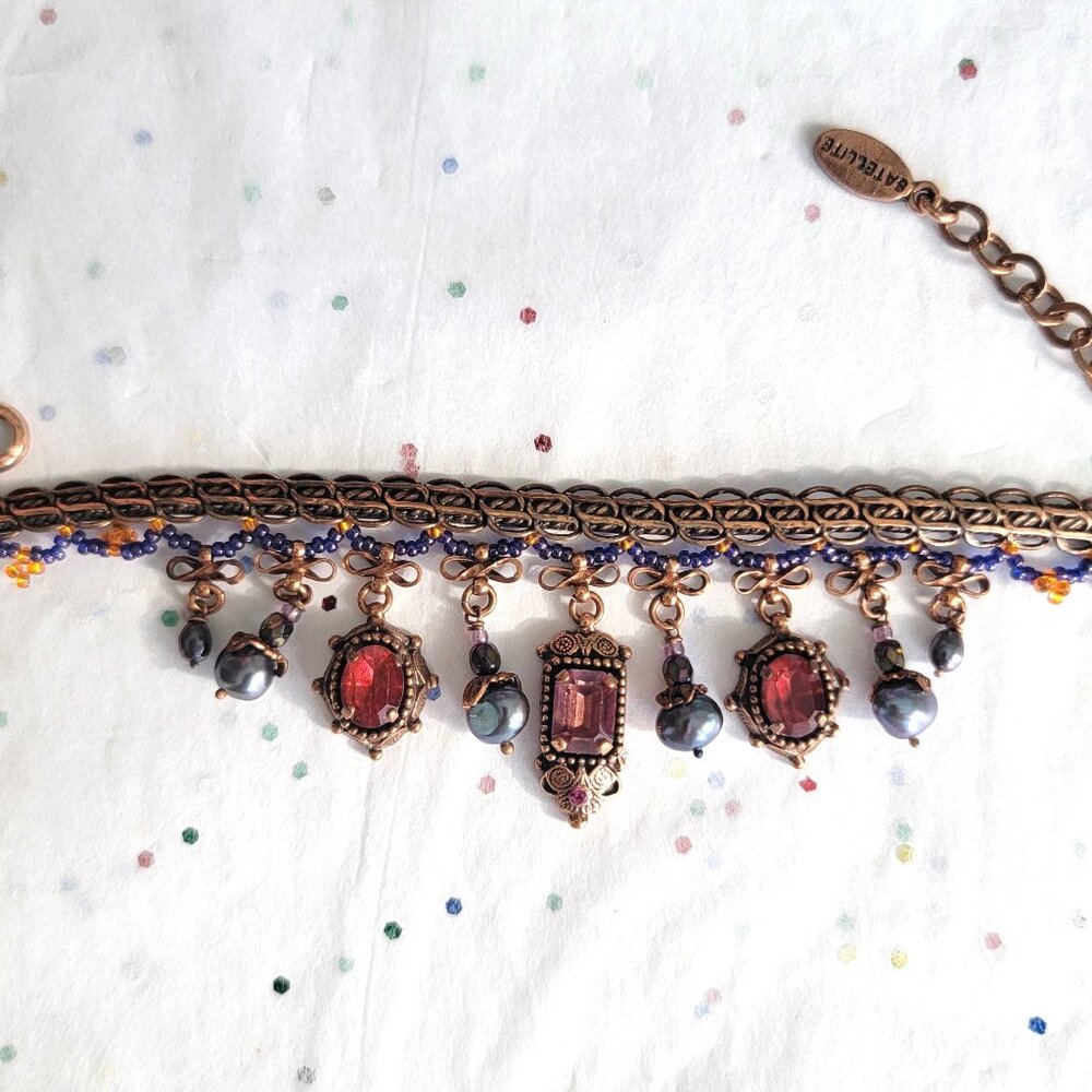 SATELLITE PARIS VINTAGE AMETHYST FACETED GLASS CHARMS/ DETAILED COPPER BRACELET
